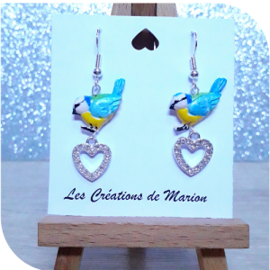 Boucles d'oreille mésange bleue coeur